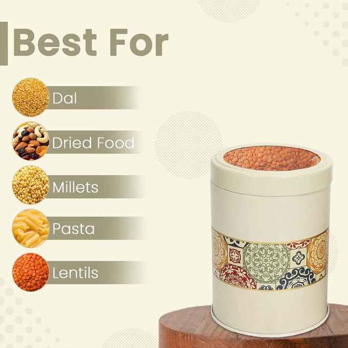 Mandala Beige Rangoli 1100ml Food Grade Metal Jars Set of 2 L Size - Jarsome